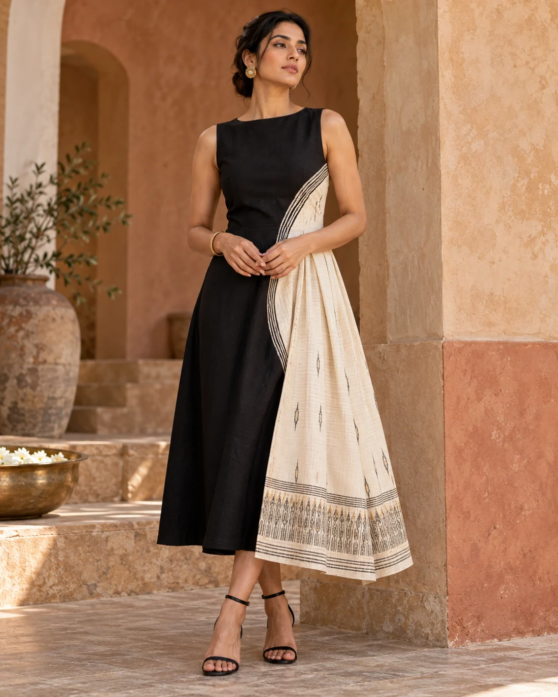 Woman in a modern black and ivory dress