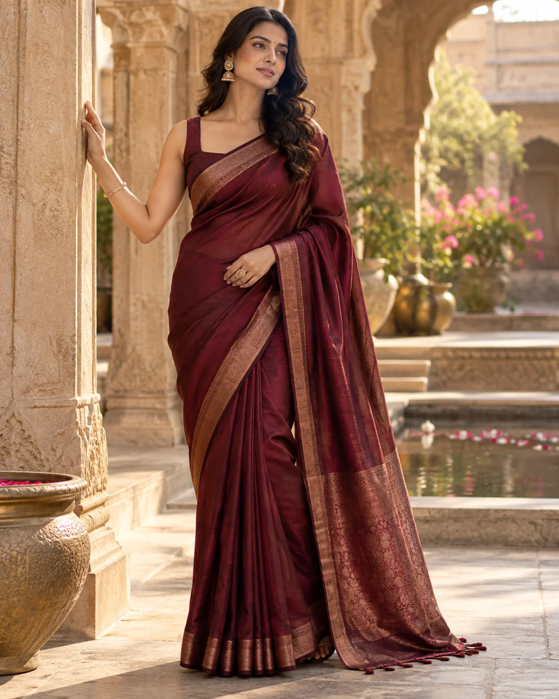 Woman in a contemporary deep wine saree